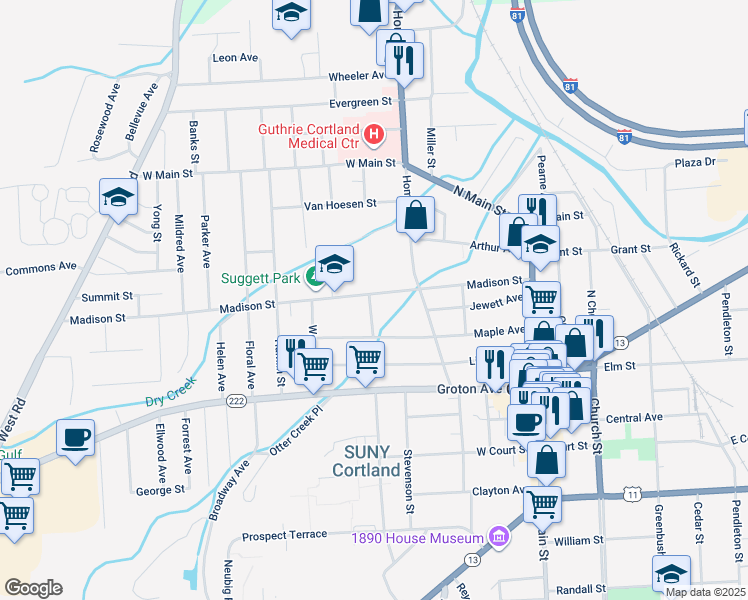 map of restaurants, bars, coffee shops, grocery stores, and more near 80-82 Madison Street in Cortland