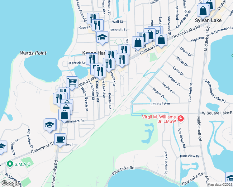 map of restaurants, bars, coffee shops, grocery stores, and more near 2340 Hester Court in Keego Harbor