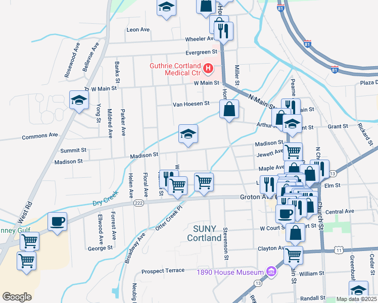 map of restaurants, bars, coffee shops, grocery stores, and more near 89 Madison Street in Cortland