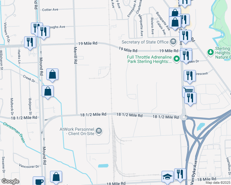 map of restaurants, bars, coffee shops, grocery stores, and more near 42315 R. Mancini Drive in Sterling Heights