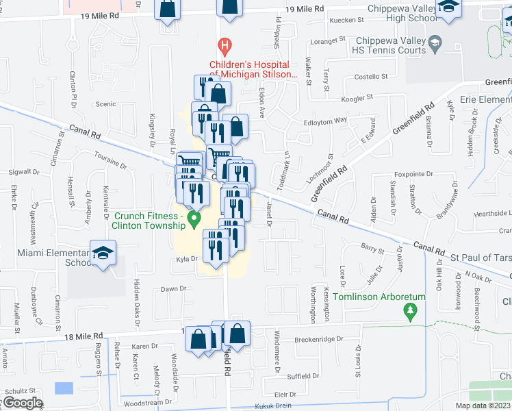 map of restaurants, bars, coffee shops, grocery stores, and more near 16996 Cristina Court in Charter Township of Clinton