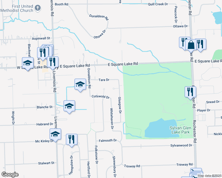 map of restaurants, bars, coffee shops, grocery stores, and more near 396 Tara Drive in Troy