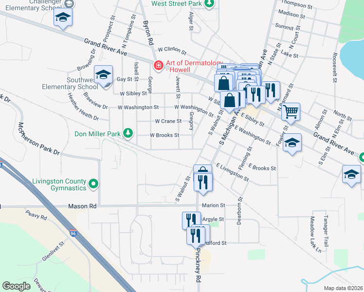 map of restaurants, bars, coffee shops, grocery stores, and more near 502 Jewett Street in Howell