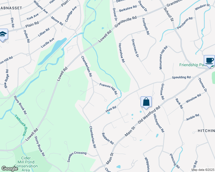 map of restaurants, bars, coffee shops, grocery stores, and more near 10 Frances Hill Road in Westford