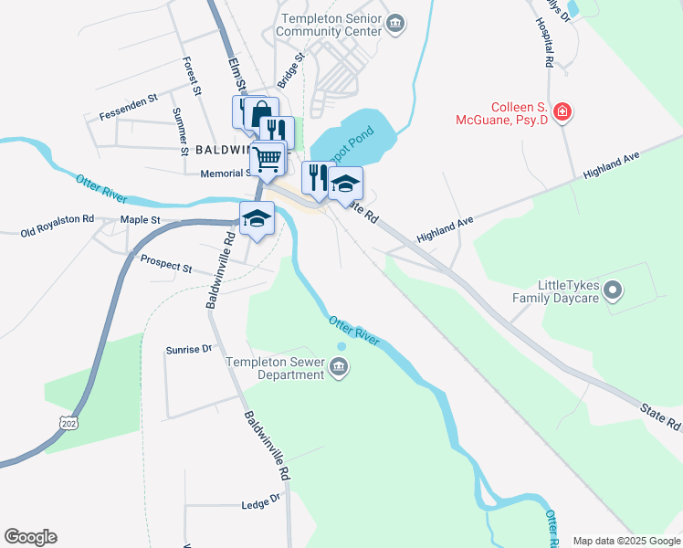 map of restaurants, bars, coffee shops, grocery stores, and more near 33 Mill Street in Templeton
