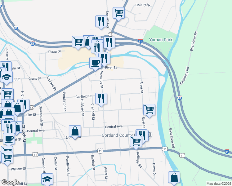 map of restaurants, bars, coffee shops, grocery stores, and more near 12 Salisbury Street in Cortland