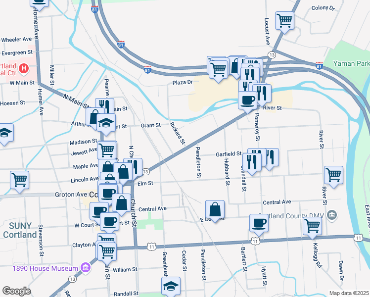 map of restaurants, bars, coffee shops, grocery stores, and more near 90 New York 13 in Cortland