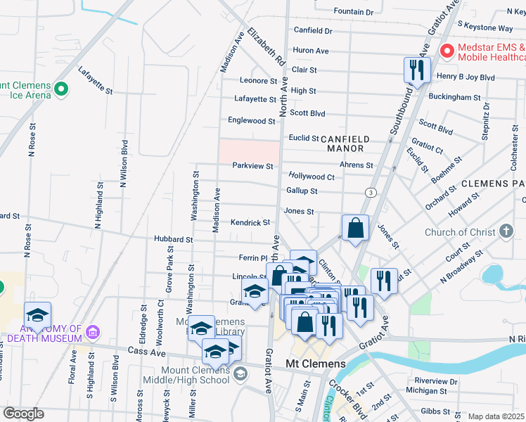 map of restaurants, bars, coffee shops, grocery stores, and more near 256 Jones Street in Mount Clemens