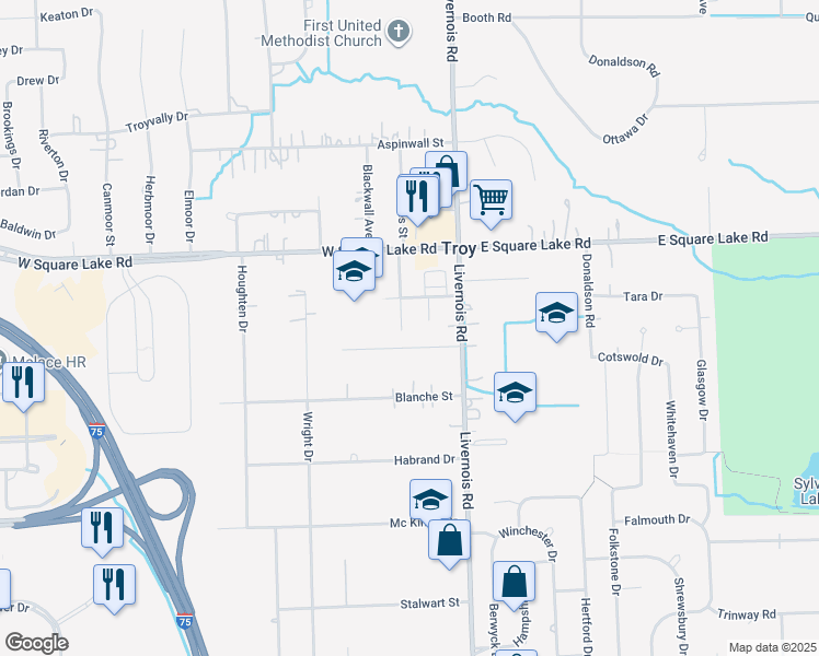 map of restaurants, bars, coffee shops, grocery stores, and more near 5865 Canham Drive in Troy