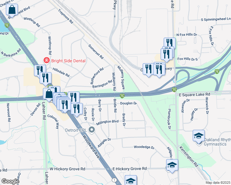 map of restaurants, bars, coffee shops, grocery stores, and more near 225 East Square Lake Road in Bloomfield Township