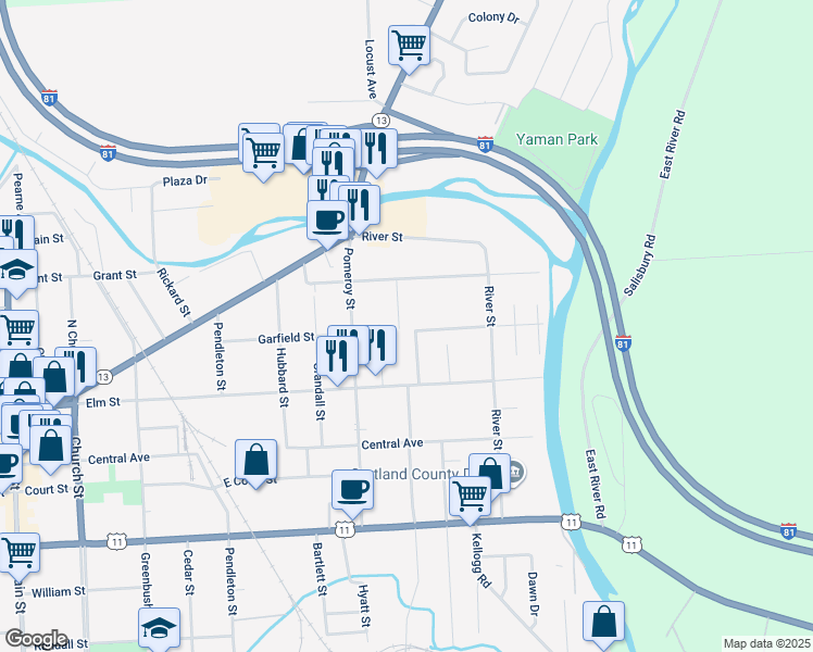 map of restaurants, bars, coffee shops, grocery stores, and more near 12 Salisbury Street in Cortland