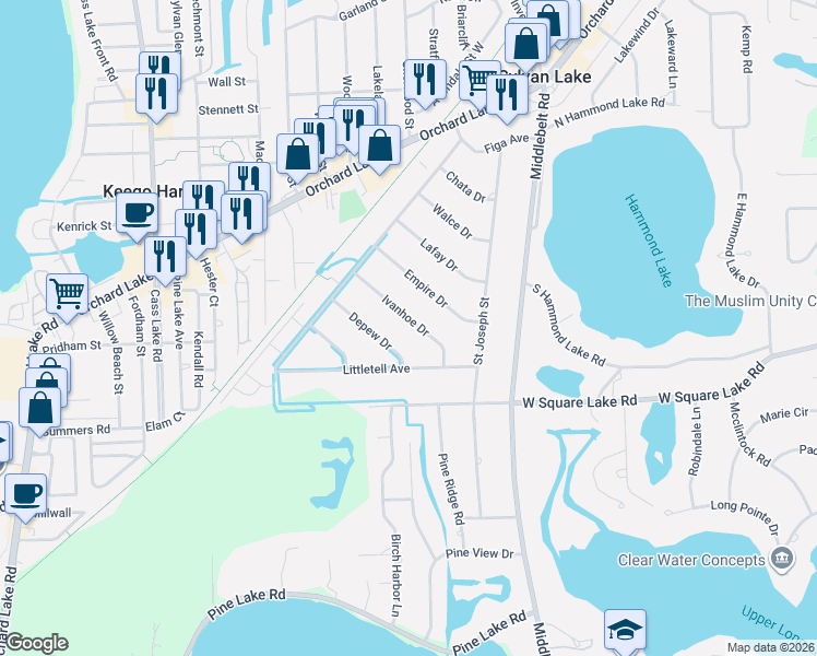 map of restaurants, bars, coffee shops, grocery stores, and more near 2490 Ivanhoe Drive in Oakland County