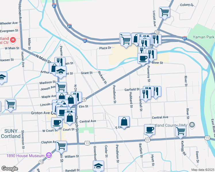 map of restaurants, bars, coffee shops, grocery stores, and more near Clinton Avenue & Rickard Street in Cortland