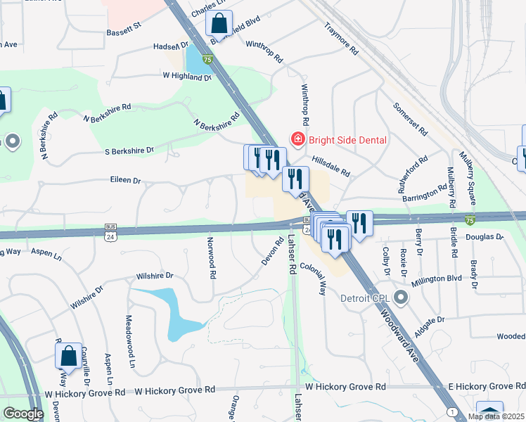 map of restaurants, bars, coffee shops, grocery stores, and more near 100 West Square Lake Road in Bloomfield Hills