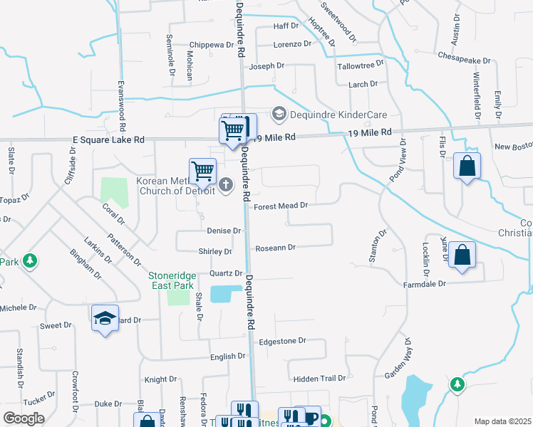 map of restaurants, bars, coffee shops, grocery stores, and more near 1958 Forest Mead Drive in Sterling Heights