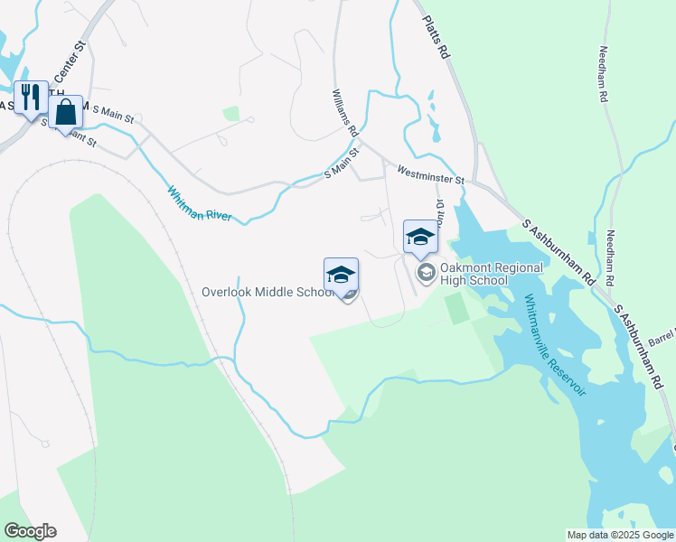 map of restaurants, bars, coffee shops, grocery stores, and more near 9 Oakmont Drive in Ashburnham