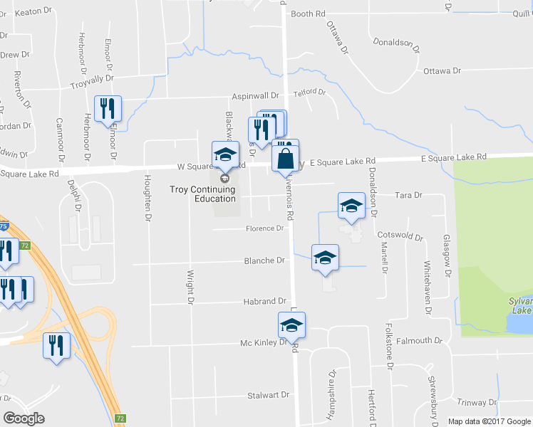 map of restaurants, bars, coffee shops, grocery stores, and more near 5865 Canham Drive in Troy