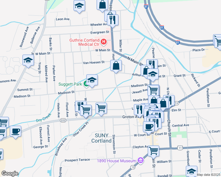 map of restaurants, bars, coffee shops, grocery stores, and more near 60 Madison Street in Cortland