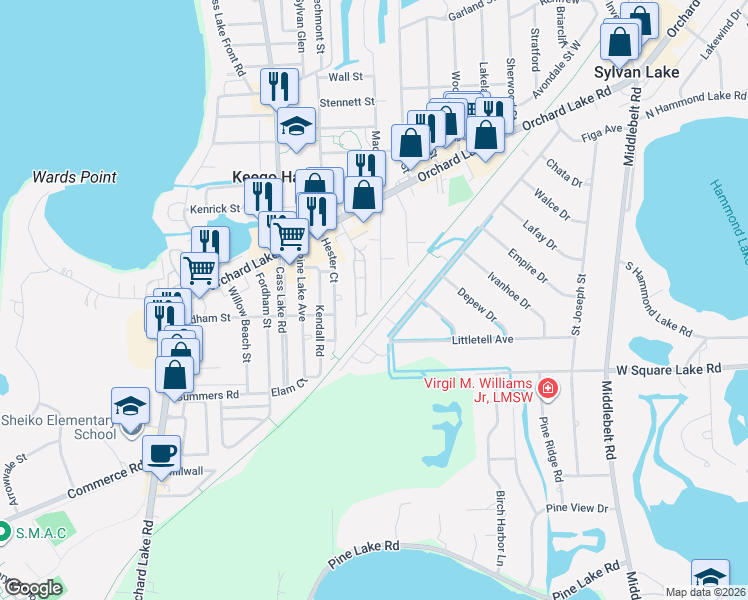 map of restaurants, bars, coffee shops, grocery stores, and more near 2304 Maddy Lane in Keego Harbor