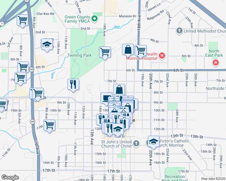 map of restaurants, bars, coffee shops, grocery stores, and more near 723 16th Avenue in Monroe