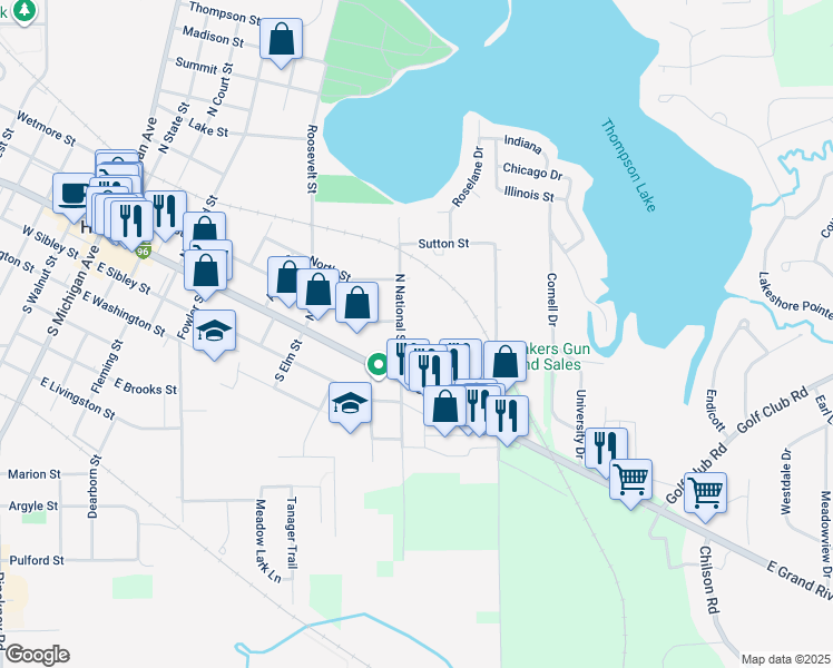 map of restaurants, bars, coffee shops, grocery stores, and more near 211 North National Street in Howell