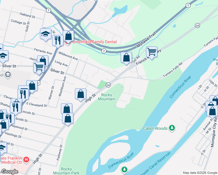 map of restaurants, bars, coffee shops, grocery stores, and more near 385 High Street in Greenfield
