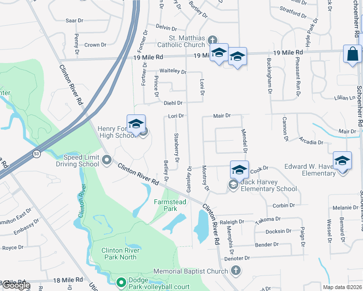 map of restaurants, bars, coffee shops, grocery stores, and more near 42209 Stanberry Drive in Sterling Heights