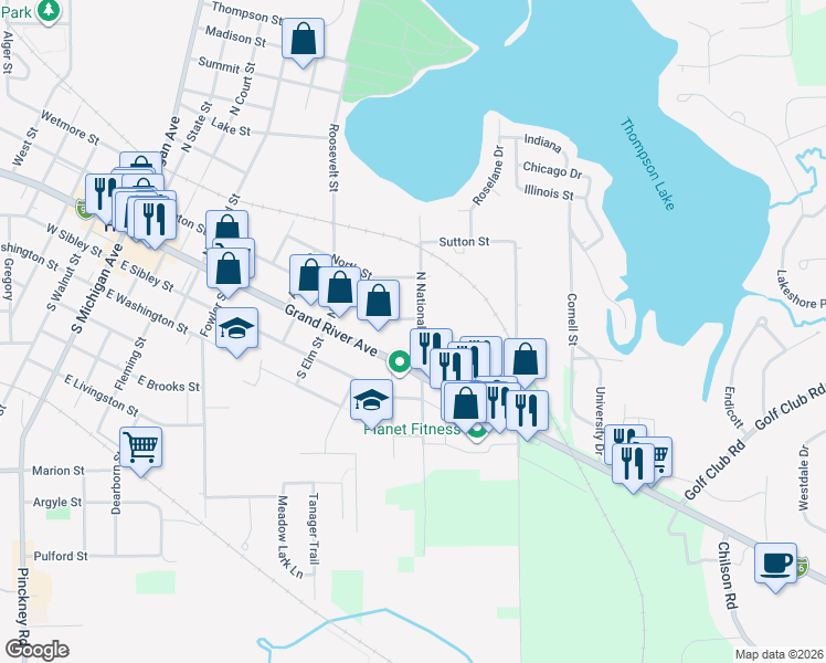 map of restaurants, bars, coffee shops, grocery stores, and more near 904 East Clinton Street in Howell