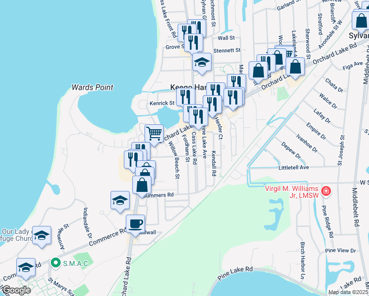 map of restaurants, bars, coffee shops, grocery stores, and more near 2332 Fordham Street in Keego Harbor