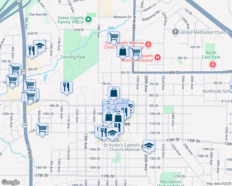 map of restaurants, bars, coffee shops, grocery stores, and more near 714 17th Avenue in Monroe