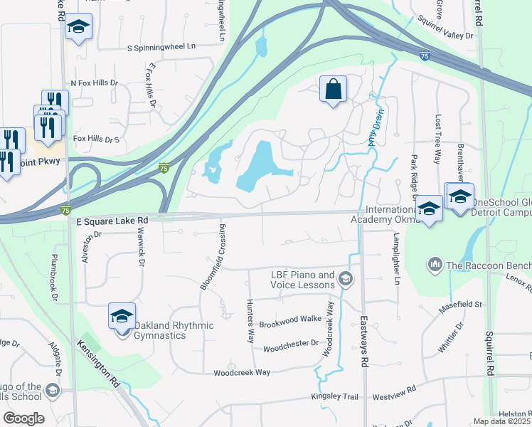 map of restaurants, bars, coffee shops, grocery stores, and more near 664 Upper Scotsborough Way in Bloomfield Hills