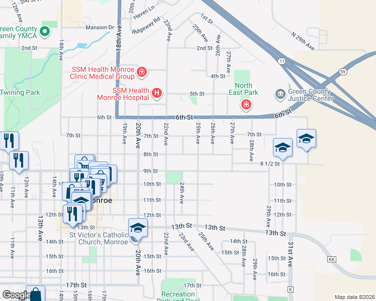 map of restaurants, bars, coffee shops, grocery stores, and more near 726 24th Avenue in Monroe