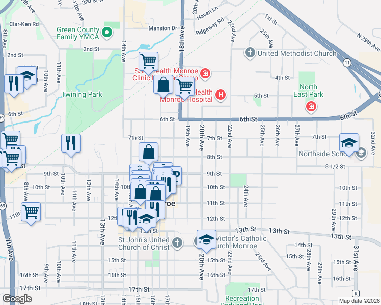 map of restaurants, bars, coffee shops, grocery stores, and more near 1903 8th Street in Monroe