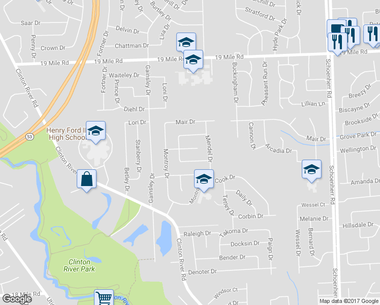 map of restaurants, bars, coffee shops, grocery stores, and more near 12336 Moers Drive in Sterling Heights