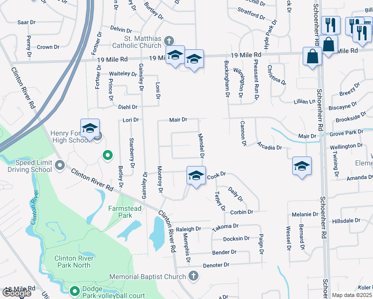 map of restaurants, bars, coffee shops, grocery stores, and more near 12336 Moers Drive in Sterling Heights