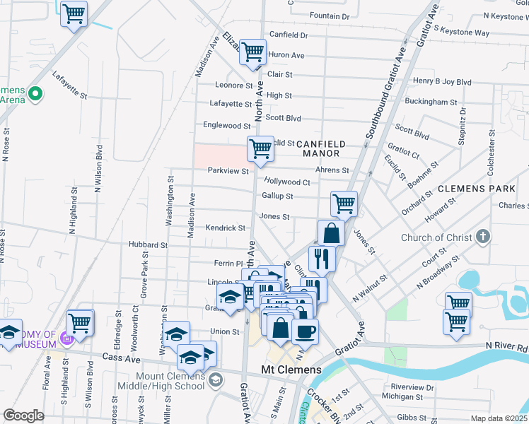 map of restaurants, bars, coffee shops, grocery stores, and more near 236 Jones Street in Mount Clemens