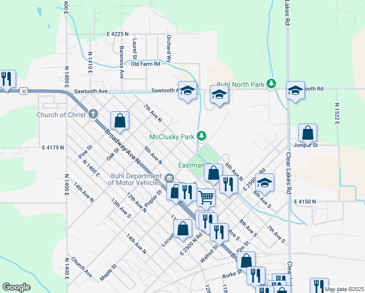 map of restaurants, bars, coffee shops, grocery stores, and more near 425 7th Avenue North in Buhl