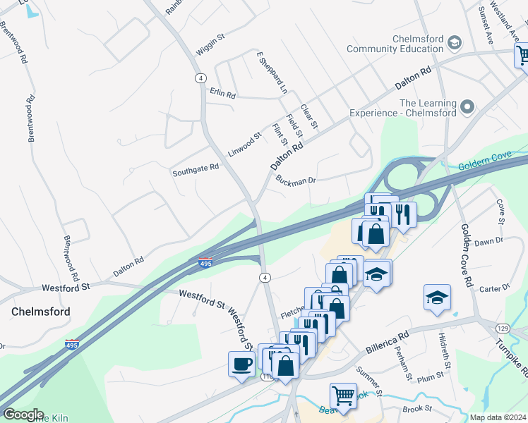 map of restaurants, bars, coffee shops, grocery stores, and more near 71 North Road in Chelmsford