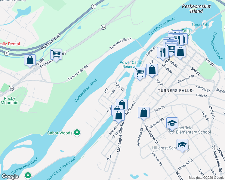 map of restaurants, bars, coffee shops, grocery stores, and more near 8 H Street in Montague