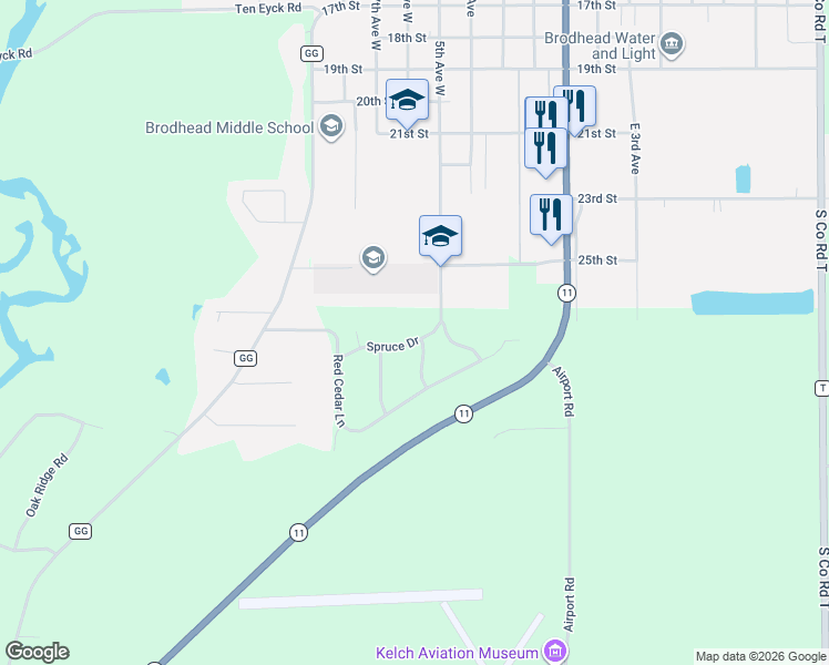 map of restaurants, bars, coffee shops, grocery stores, and more near W434 Spruce Drive in Brodhead