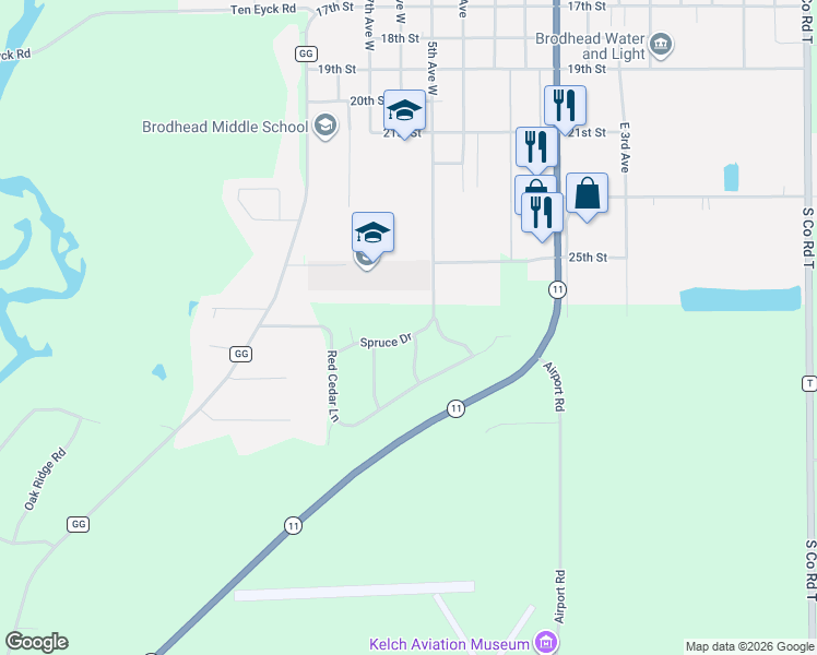 map of restaurants, bars, coffee shops, grocery stores, and more near W434 Spruce Drive in Brodhead
