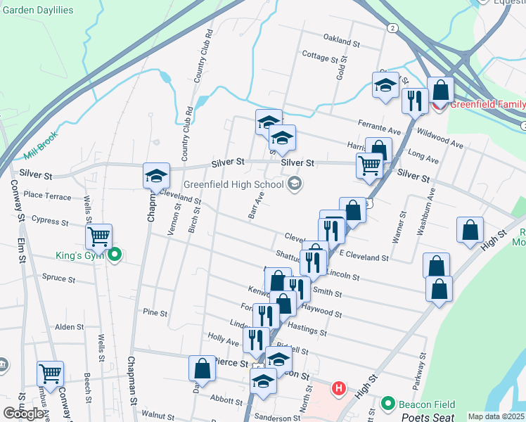 map of restaurants, bars, coffee shops, grocery stores, and more near 41 Barr Avenue in Greenfield