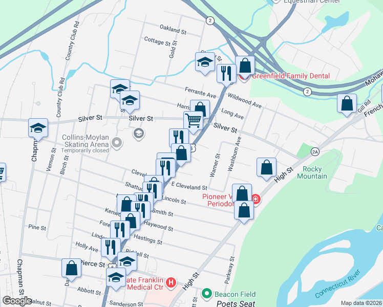 map of restaurants, bars, coffee shops, grocery stores, and more near 10 1/2 Stanley Street in Greenfield