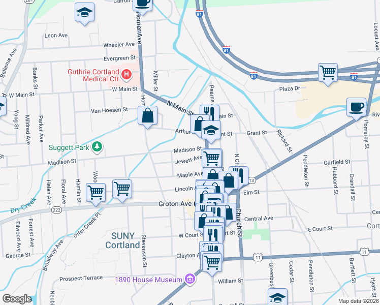 map of restaurants, bars, coffee shops, grocery stores, and more near 21 Madison St in Cortland