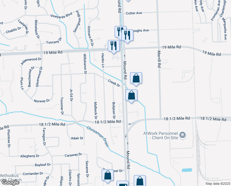 map of restaurants, bars, coffee shops, grocery stores, and more near 42324 Bobjean Street in Sterling Heights