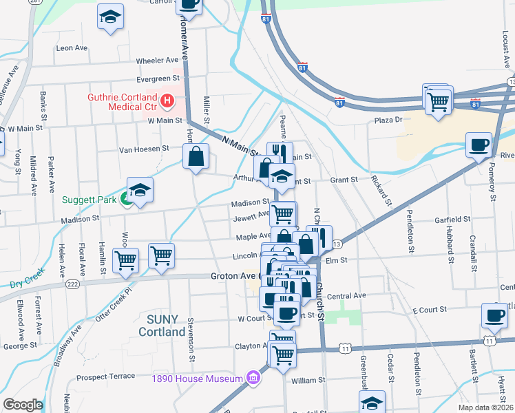 map of restaurants, bars, coffee shops, grocery stores, and more near 21 Madison Street in Cortland