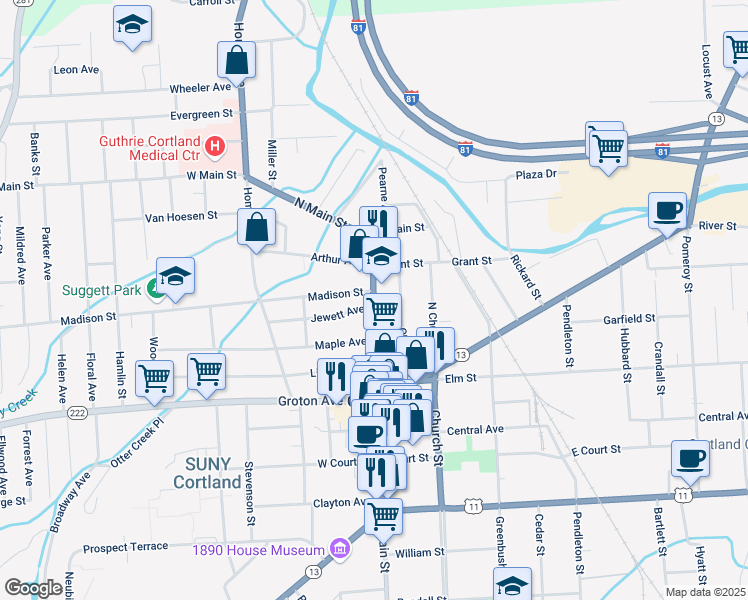 map of restaurants, bars, coffee shops, grocery stores, and more near 59 North Main Street in Cortland
