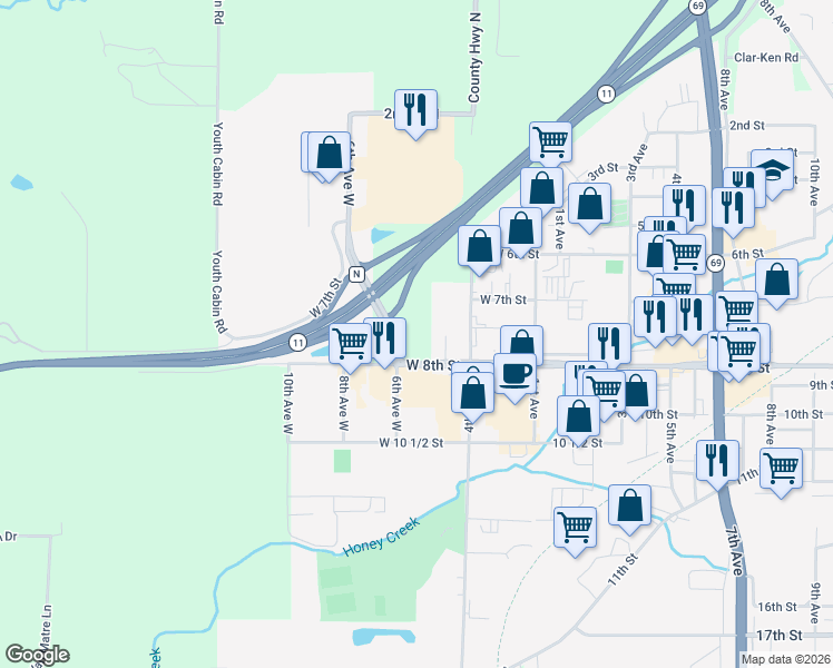 map of restaurants, bars, coffee shops, grocery stores, and more near 507 West 8th Street in Monroe