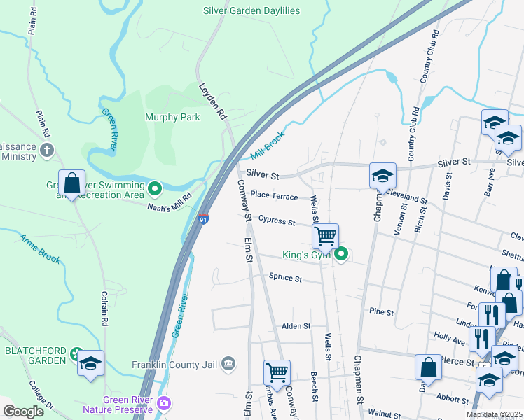 map of restaurants, bars, coffee shops, grocery stores, and more near 57 Cypress Street in Greenfield
