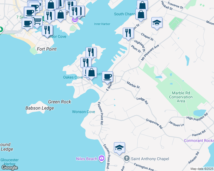 map of restaurants, bars, coffee shops, grocery stores, and more near 271R East Main Street in Gloucester